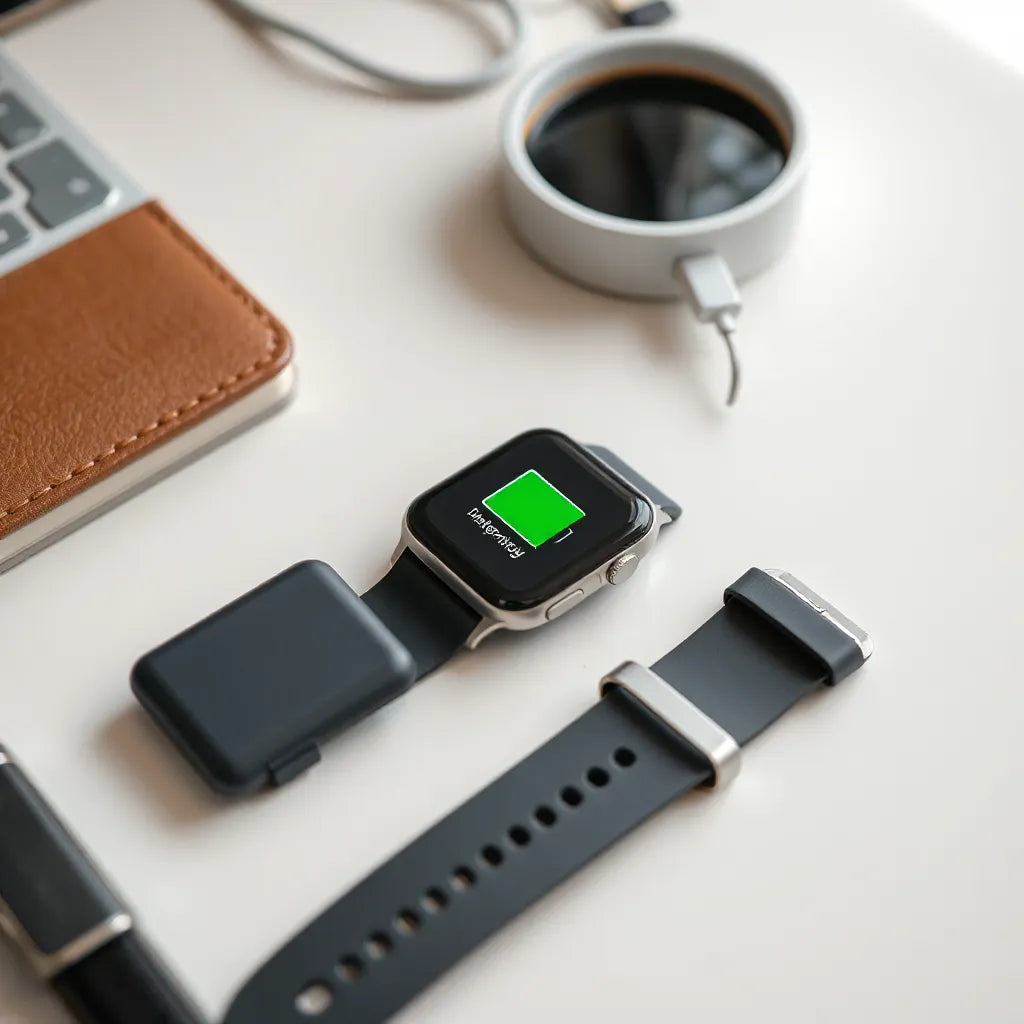 Long-lasting battery smartwatch on a desk with charging cable and a generic battery indicator