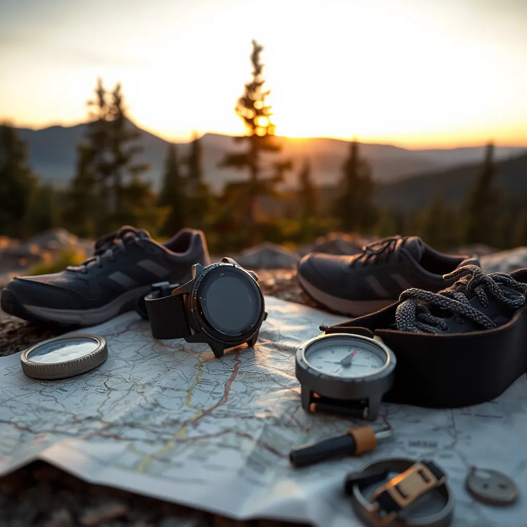 Rugged smartwatch and compact fitness tracker on a trail map with compass near hiking gear