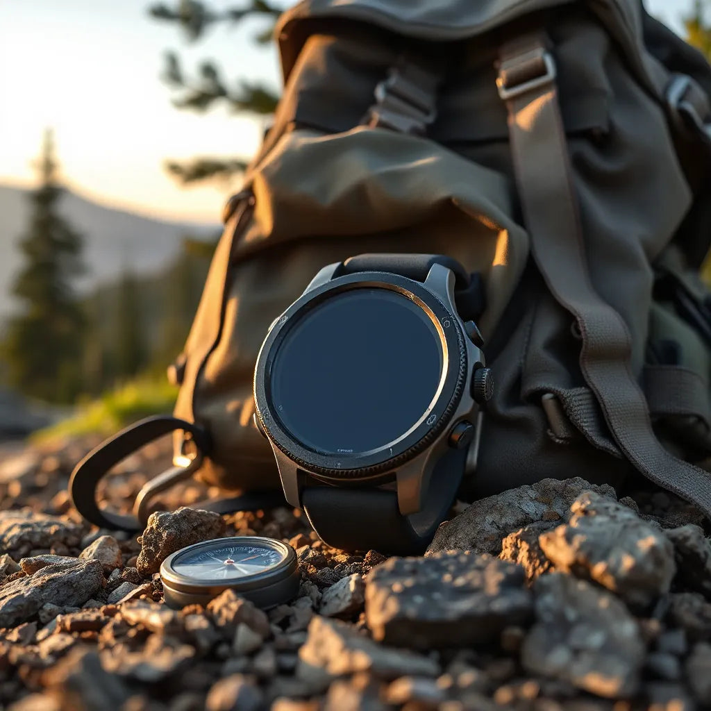 Rugged outdoor smartwatch on a hiking backpack near a trailhead with mountains in the background