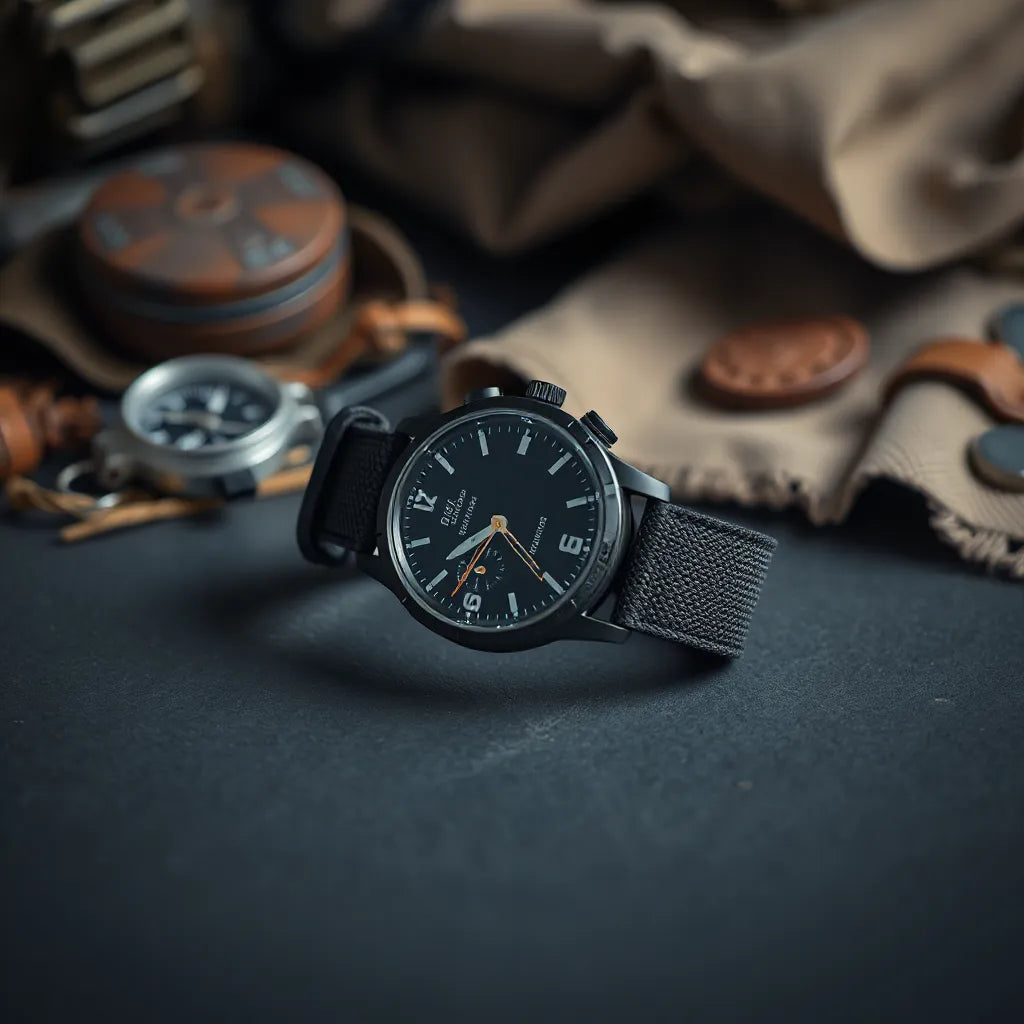 Rugged military-style smartwatch with durable strap on a dark matte surface