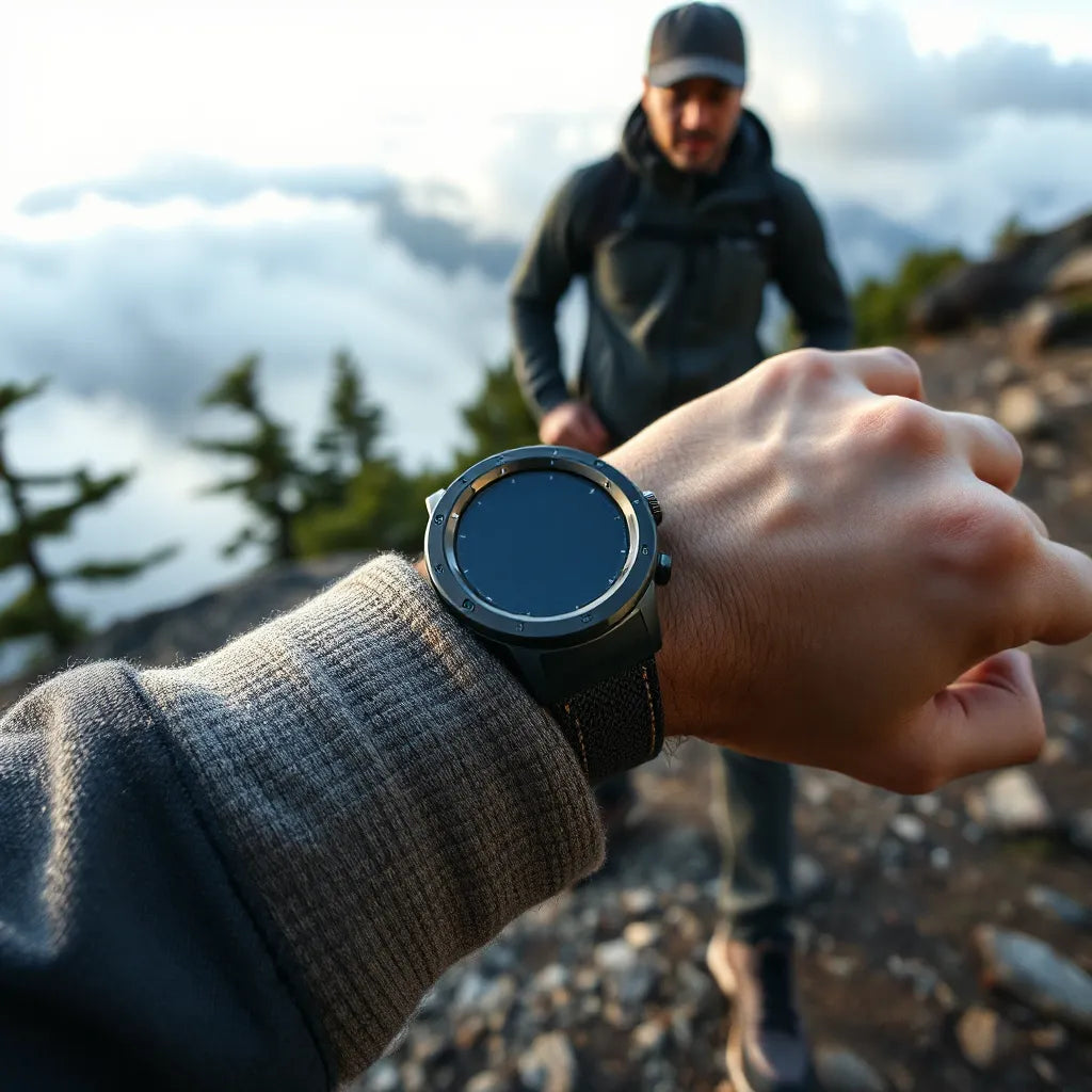 Rugged smartwatch on a wrist outdoors on rocky terrain with a mountain trail backdrop