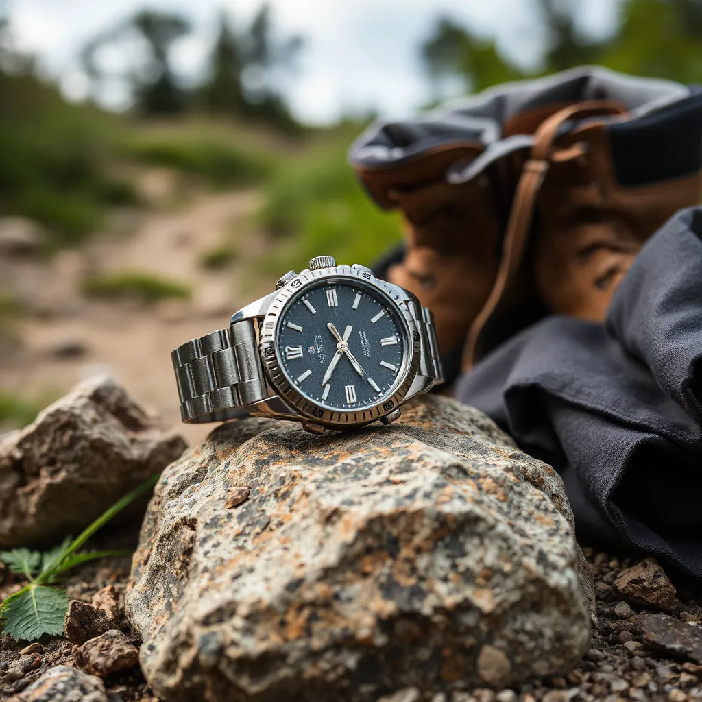 Zinc alloy outdoor watch on a stone near hiking gear in natural daylight