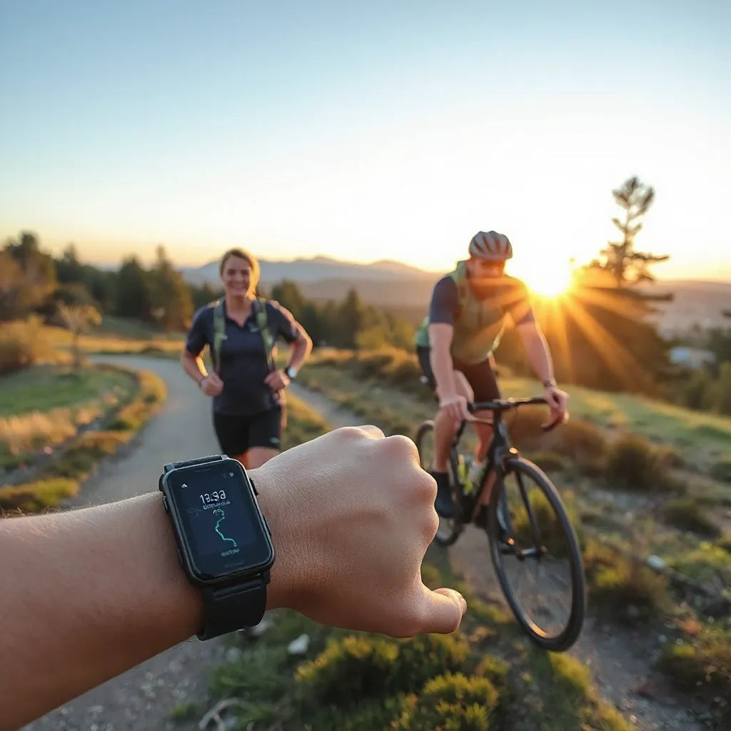 Runner on a trail with a visible outdoor sports tracker wearable during training