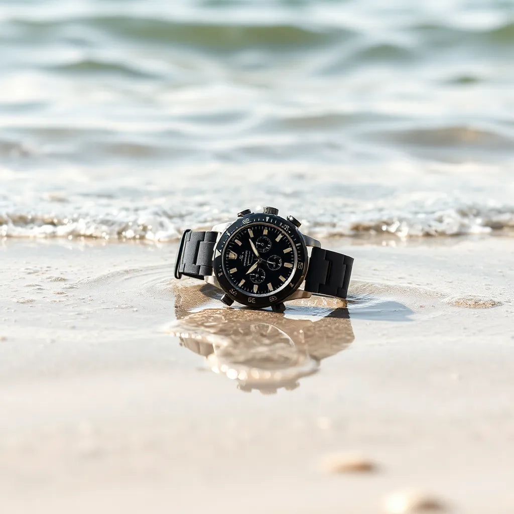 Rugged dive-ready smartwatch with water droplets near clear seawater and soft waves