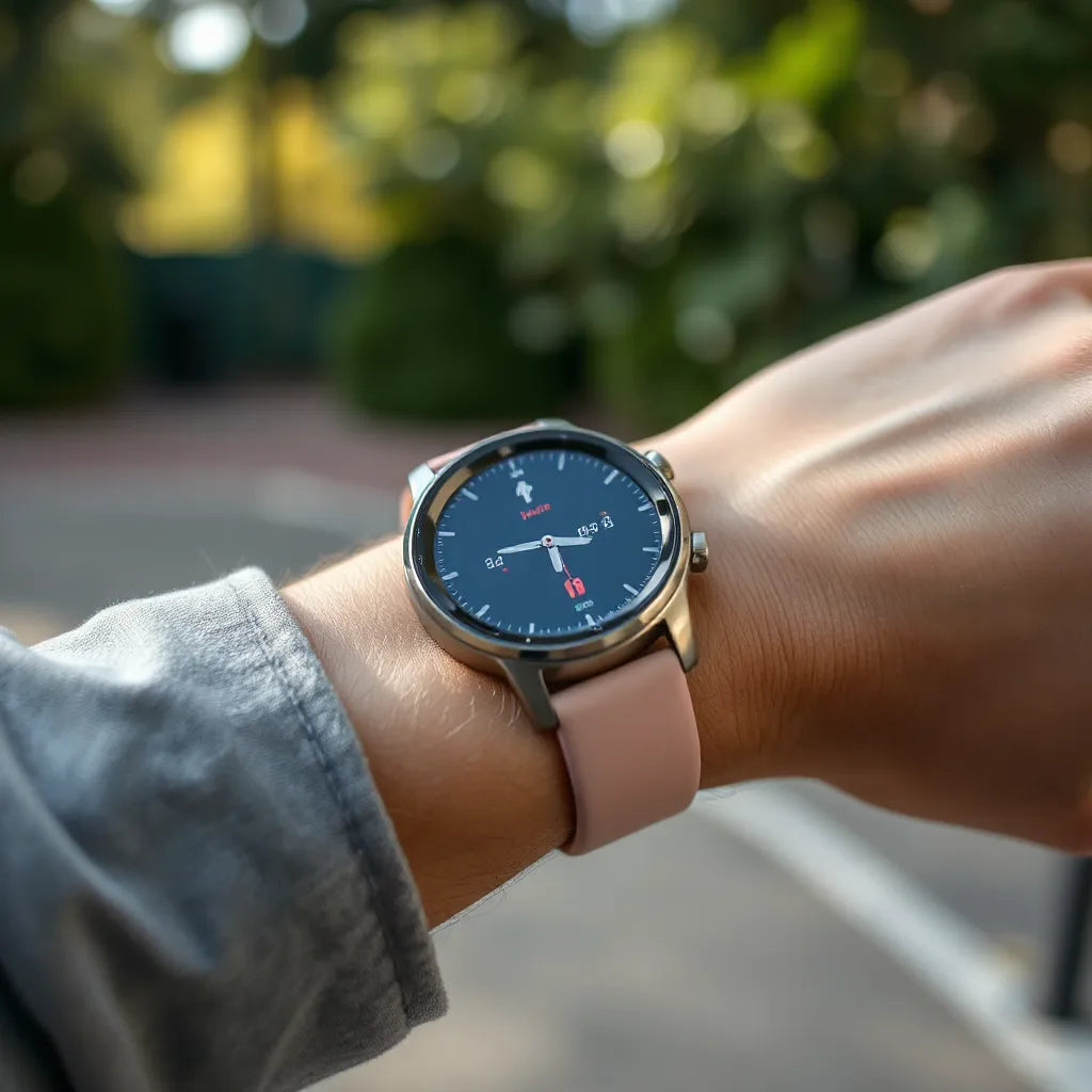 Modern smartwatch on a wrist displaying workout tracking icons outdoors in daylight