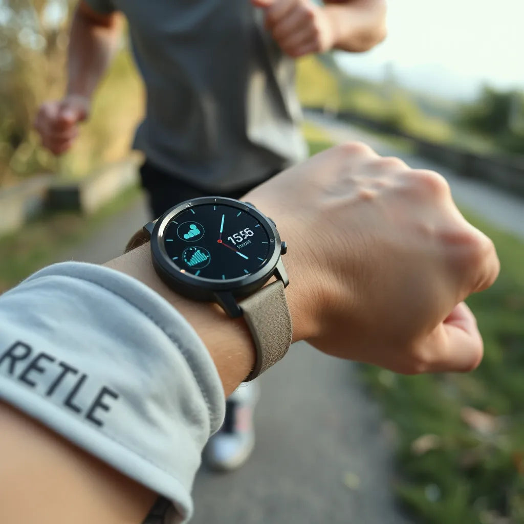 Fitness tracking smartwatch on a wrist during outdoor exercise with glowing health metric icons