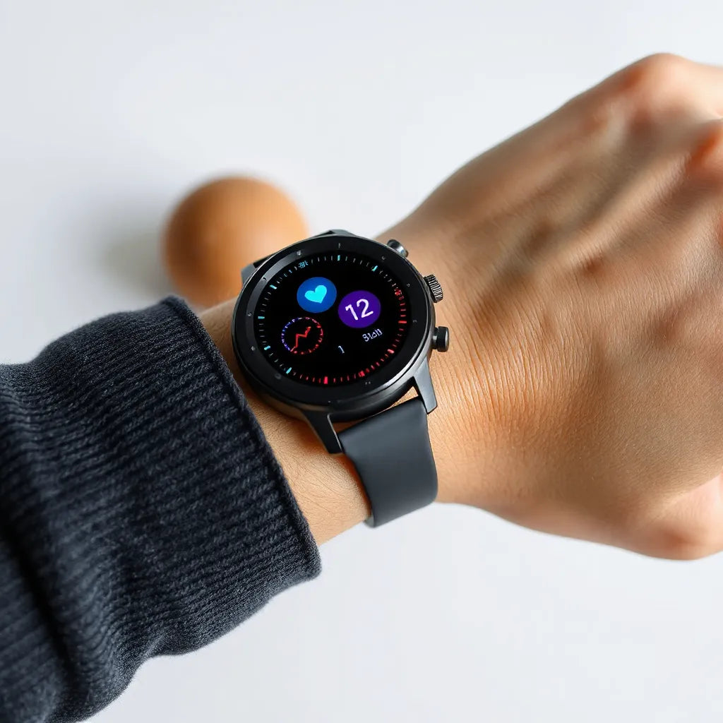 Fitness tracking smartwatch on a wrist with subtle activity and heart-rate indicators in a minimal setting