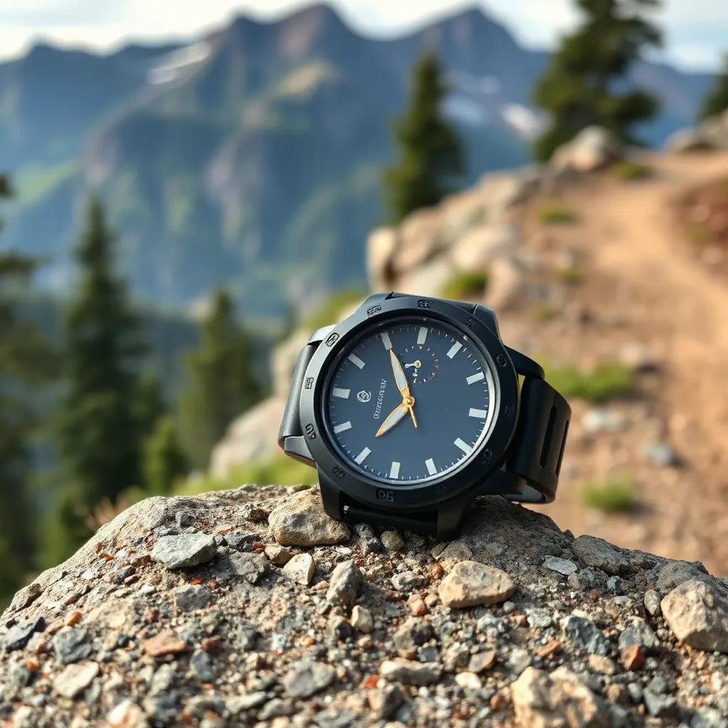Rugged advanced GPS watch on a trail rock with mountains and trees in the blurred background