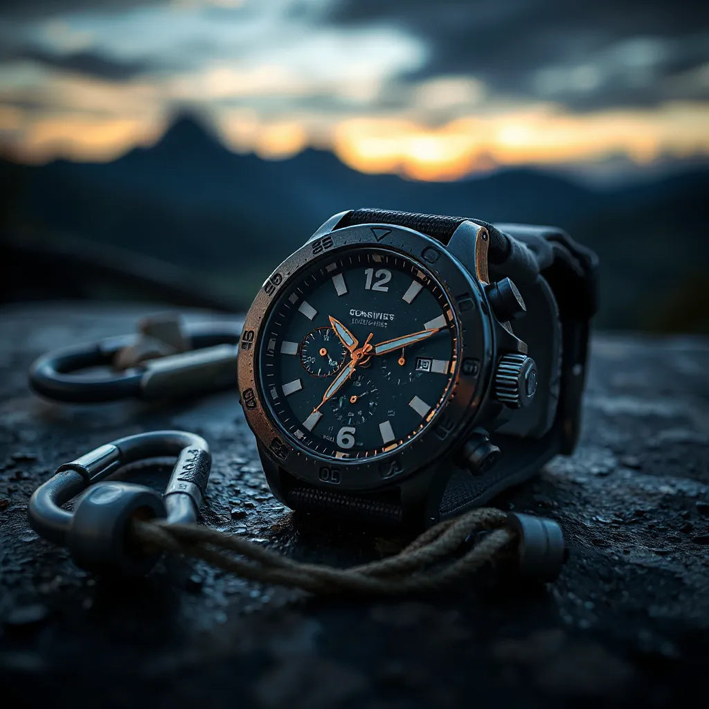 Rugged military-style smartwatch with illuminated dial on a dark tactical surface, with blurred outdoor scenery in the background