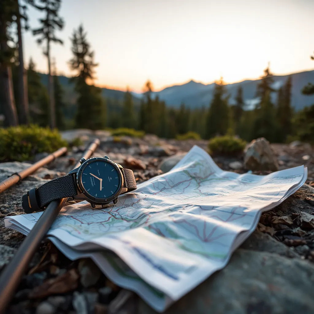 Rugged smartwatch on a trail map with trekking gear near a forest path