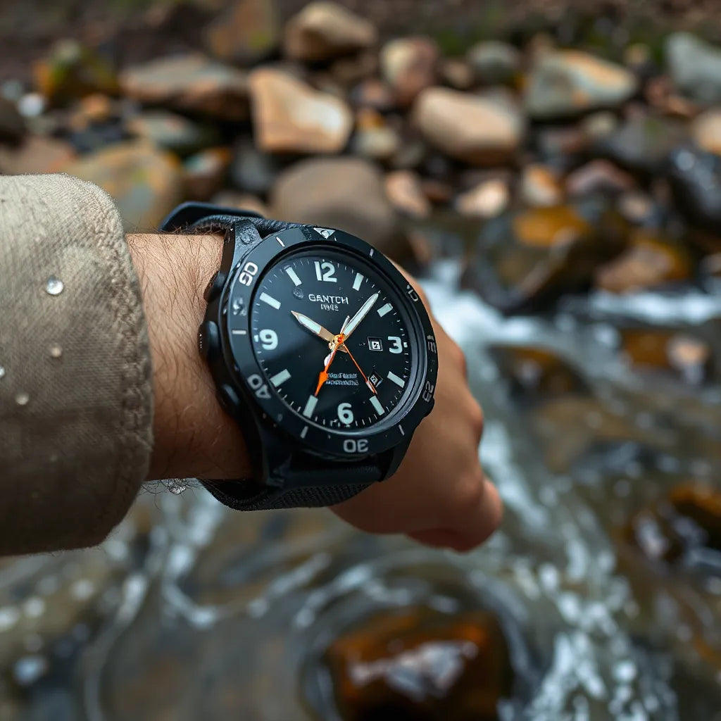 Water-resistant sports watch with water droplets on the bezel on a wrist near flowing water