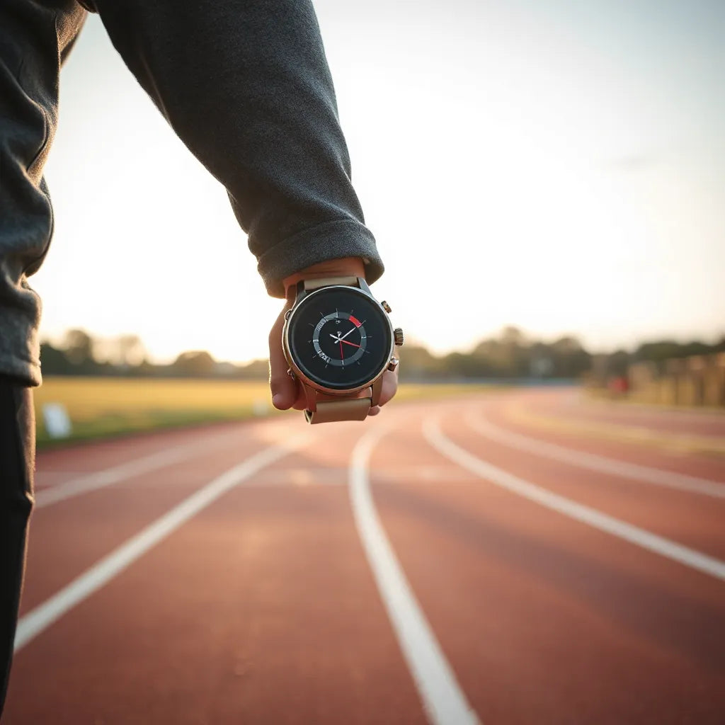 Athlete jogging on a track wearing a smartwatch focused on training metrics and heart rate monitoring.