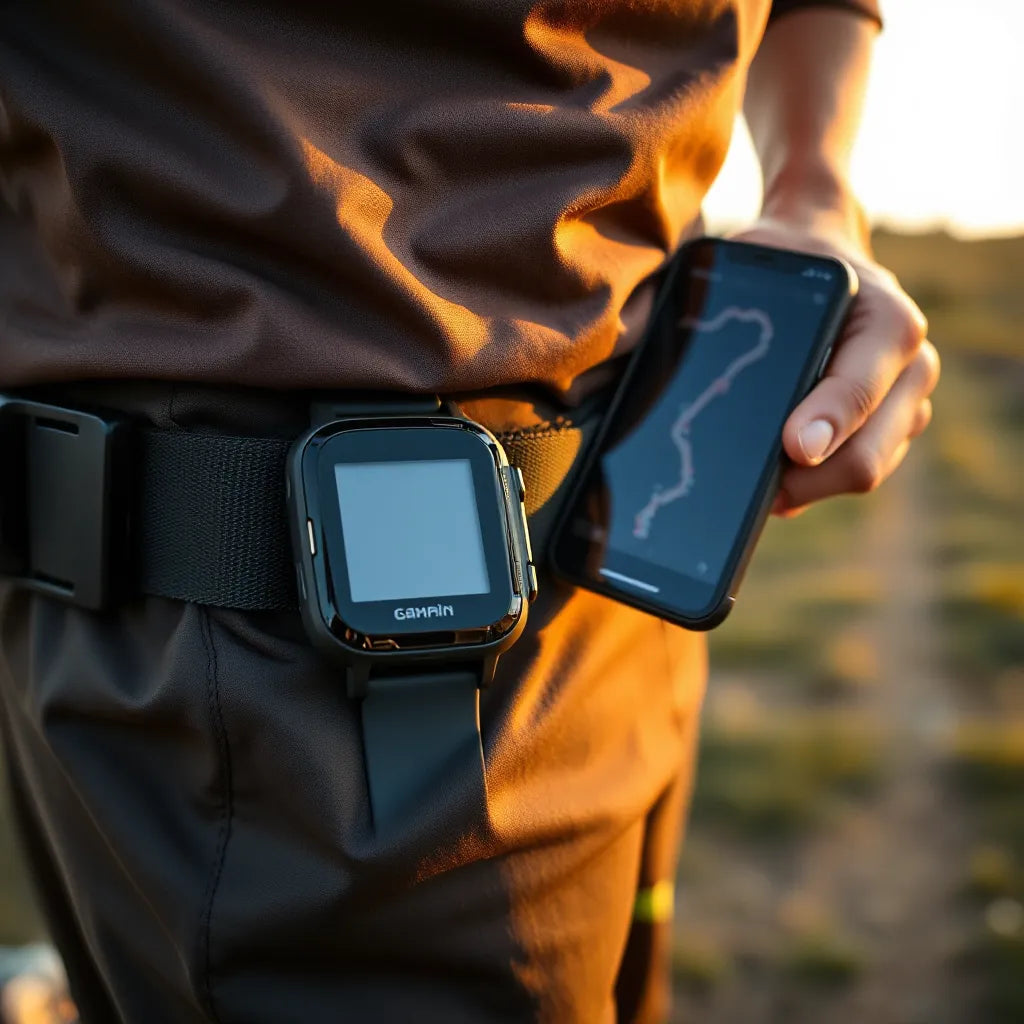 GPS sports tracker clipped to a runner belt with a smartphone showing a route line in the background
