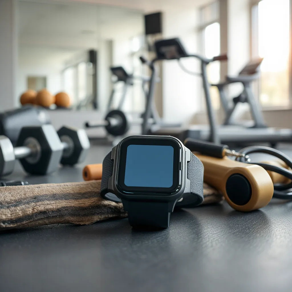 Fitness smartwatch on a gym bench beside dumbbells and workout gear with soft lighting