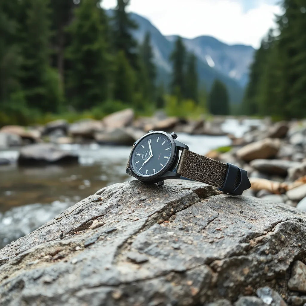 Rugged adventure smartwatch on a trail rock by a mountain stream with forest and mountains in the background