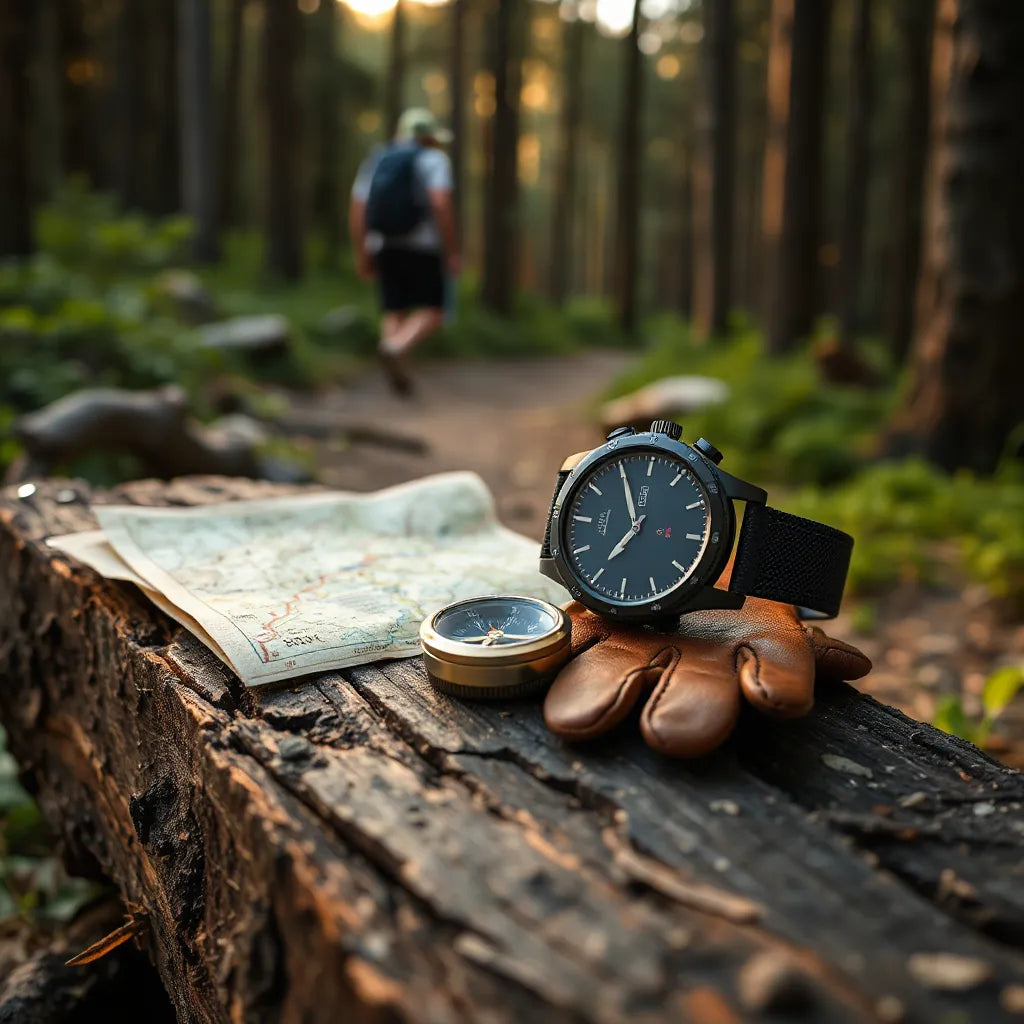 Rugged adventure watch on a glove beside a compass and map on a forest trail