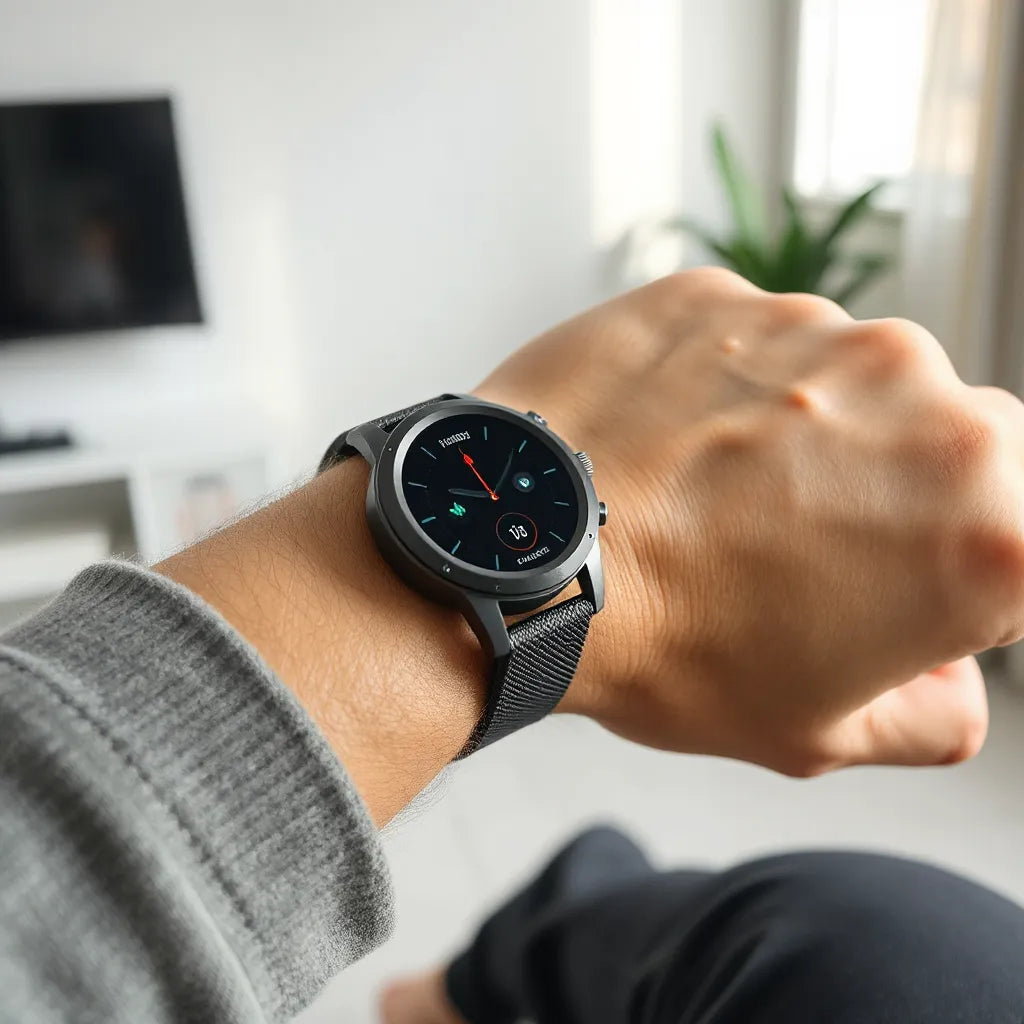 Health monitoring smartwatch on a wrist with a clear display and health metric icons