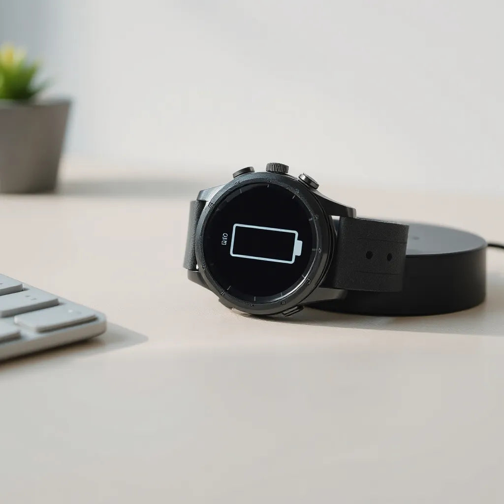 Rugged smartwatch on a desk with a charging dock nearby, showing a subtle battery glow on the screen