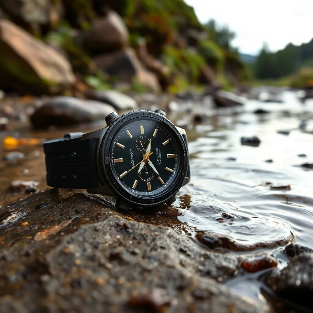Water-resistant sports watch with rubber strap on wet rock near outdoor trail greenery