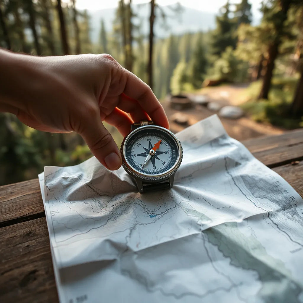 Hand holding a compass over a folded topographic map during outdoor navigation