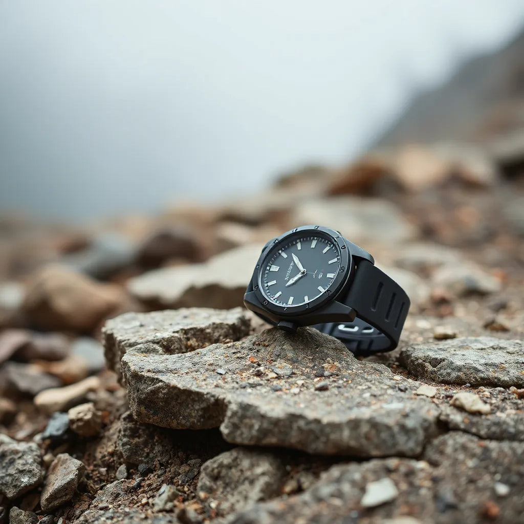 Rugged sports watch with durable case and rubber strap on an outdoor rock