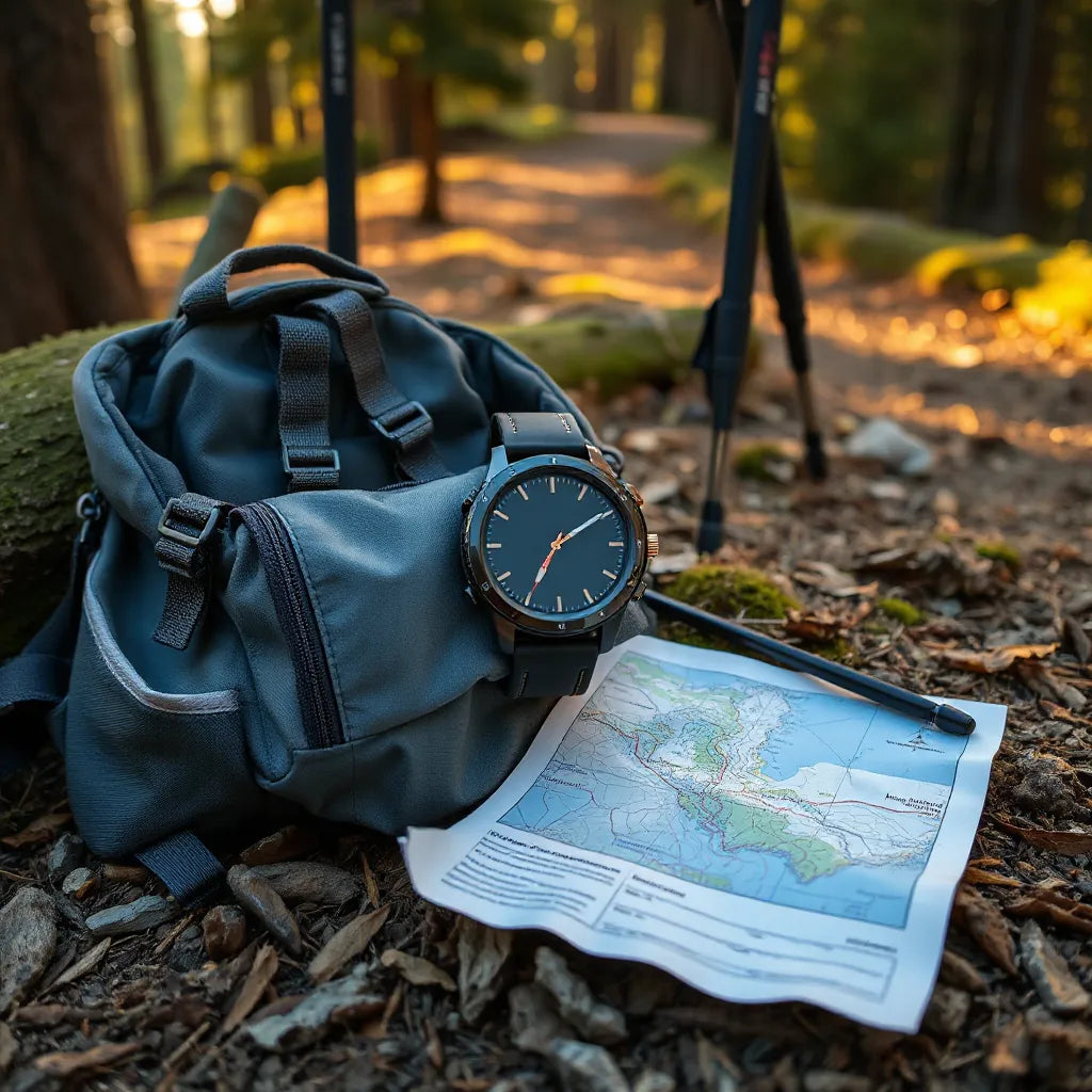 Rugged smartwatch on a backpack next to a trail map on a forest hiking path