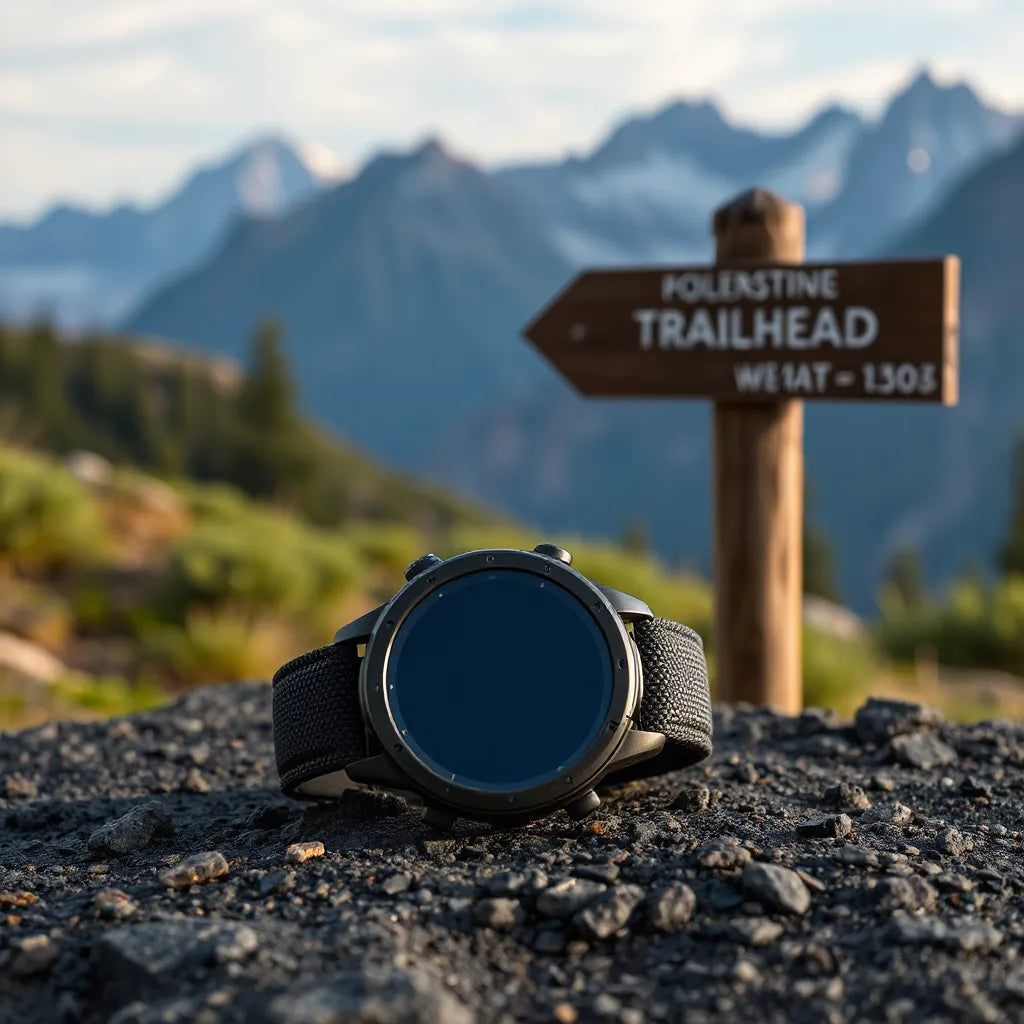 Rugged GPS smartwatch resting outdoors with mountains and greenery in soft focus behind it