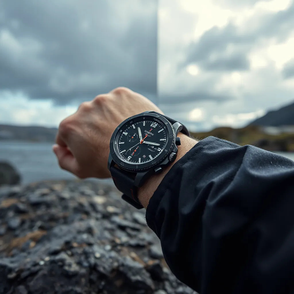 Rugged smartwatch on a wrist with raindrops and a cloudy stormy outdoor background