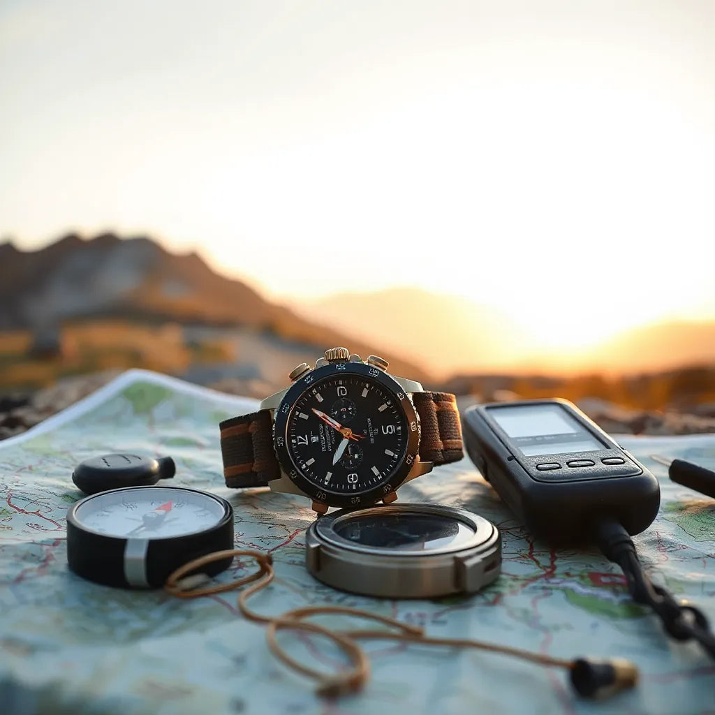 Rugged navigation watch on a trail map next to a compass with a mountain path in the background