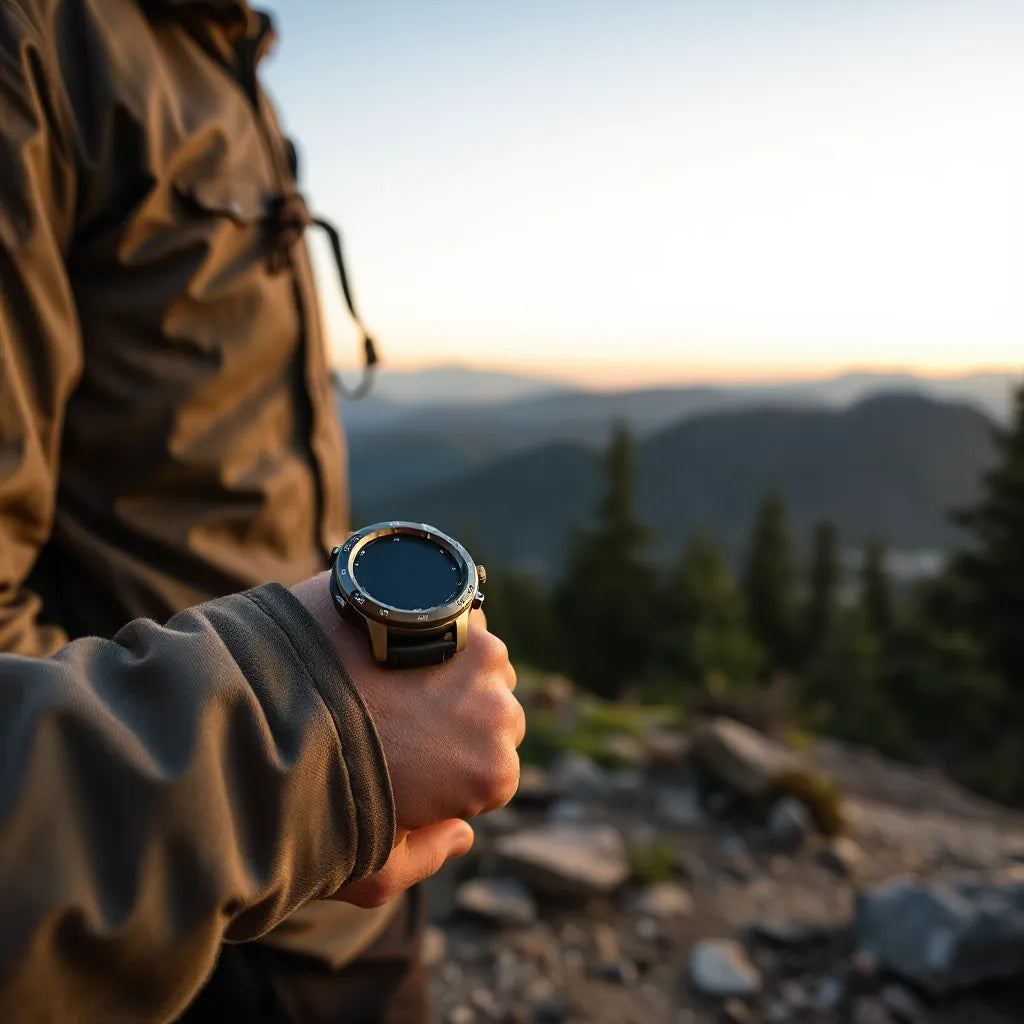 Hiker’s wrist wearing an outdoor GPS watch on a mountain trail at golden hour