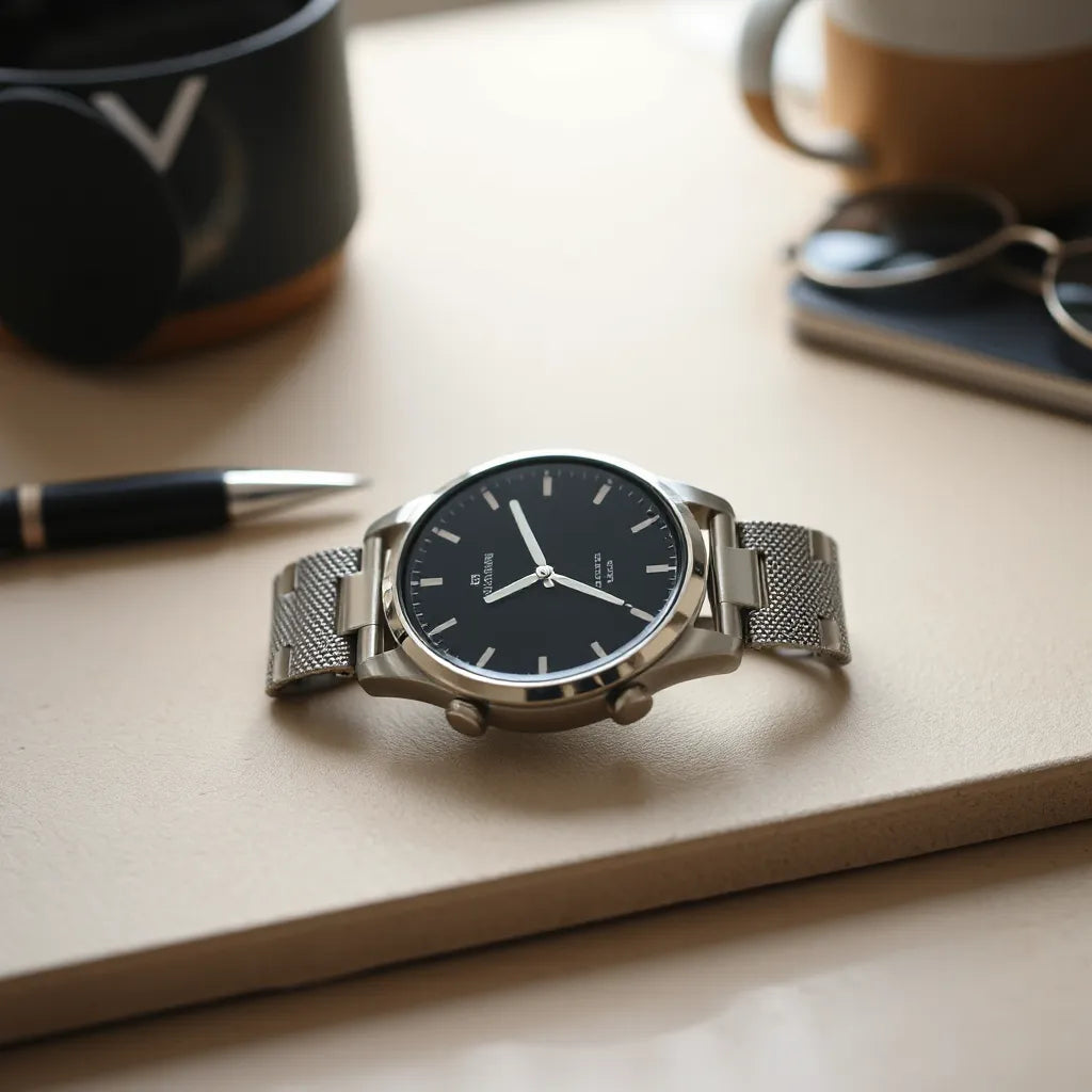 Zinc alloy smartwatch with metal case detail and realistic reflections on a clean neutral surface