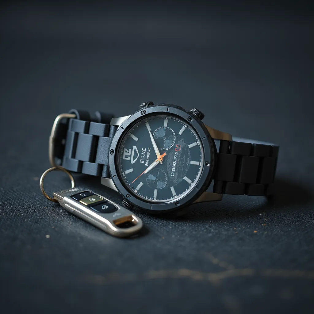 Rugged smartwatch with angled display on a dark textured background, softly lit with subtle outdoor-inspired details.