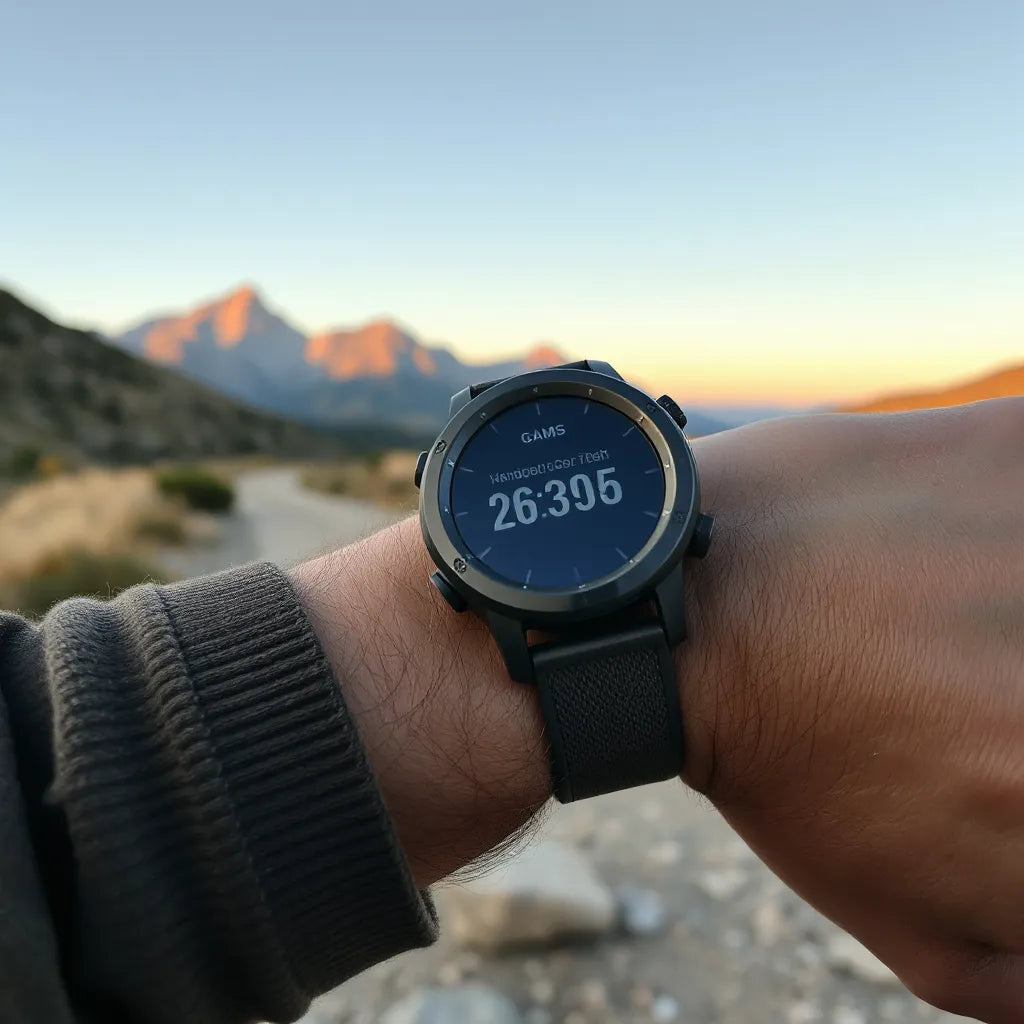 Rugged GPS watch on a hiker’s wrist with a mountain trail in the background