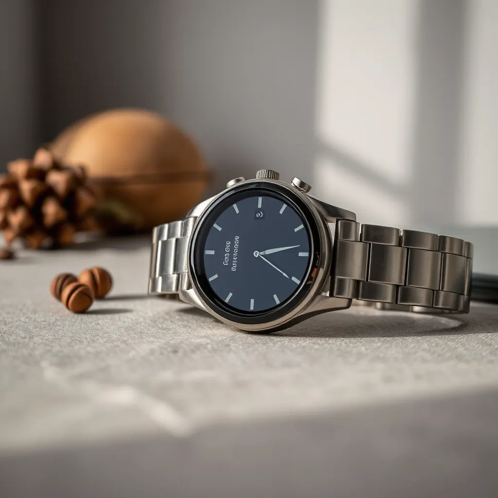Zinc alloy smartwatch with brushed metal case and smooth strap on a neutral tabletop