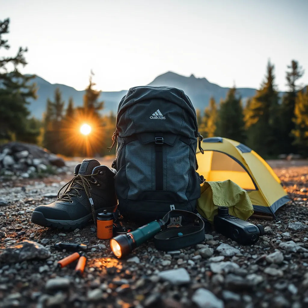 Rugged hiking boots and durable backpack laid out in a forest clearing for outdoor adventures