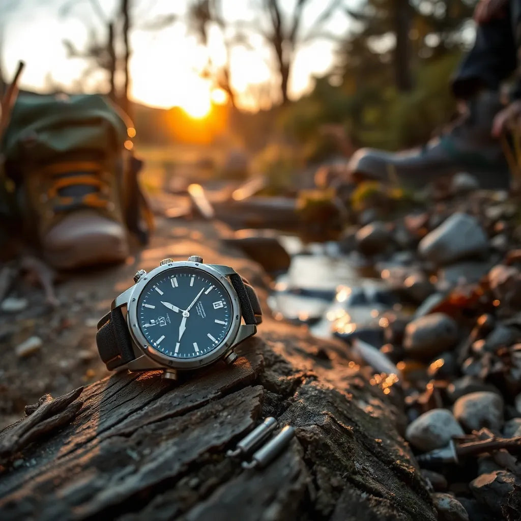 Durable rugged watch on a trail log beside a stream with hiking gear blurred in the background