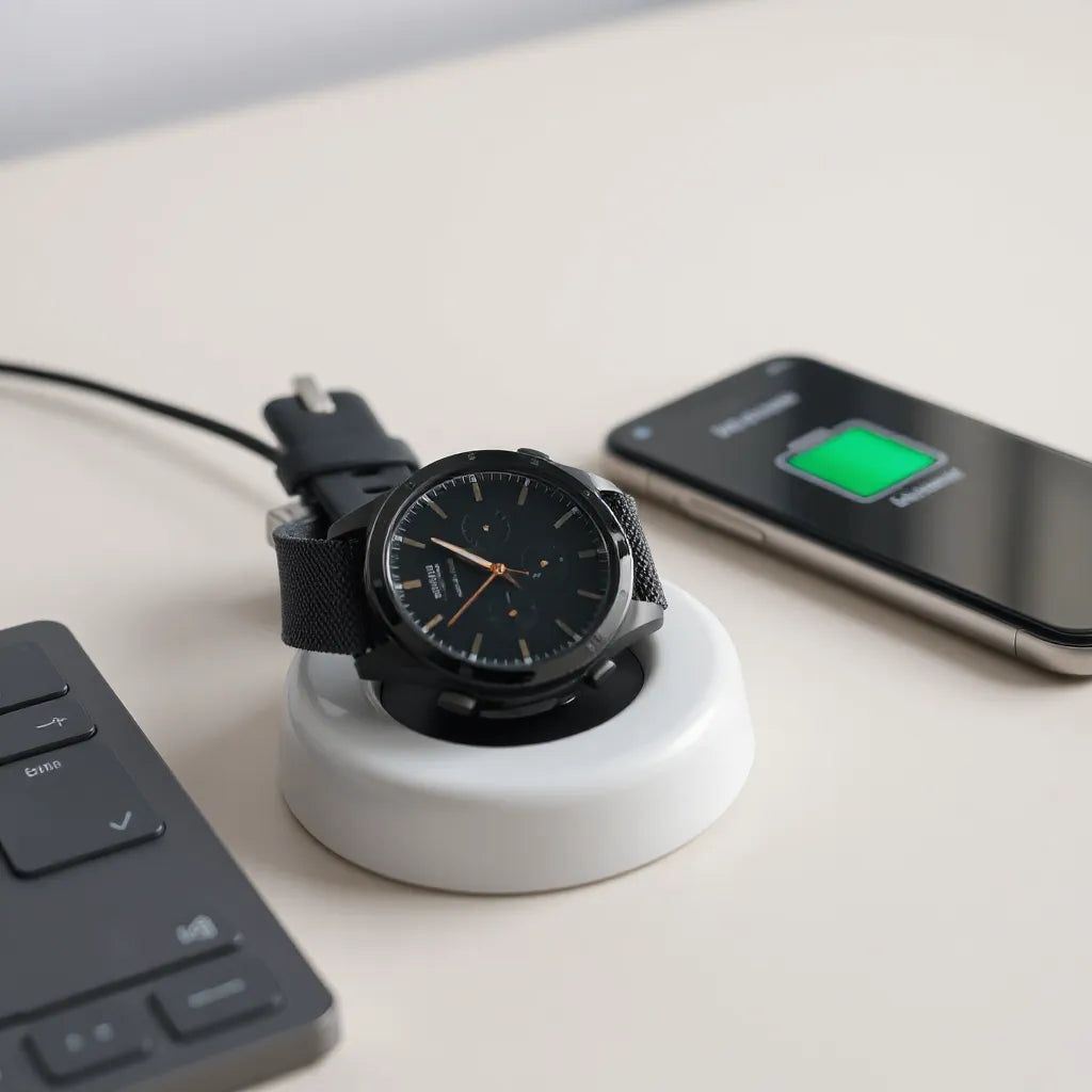 Modern smartwatch on a desk with a charging dock nearby under soft natural light