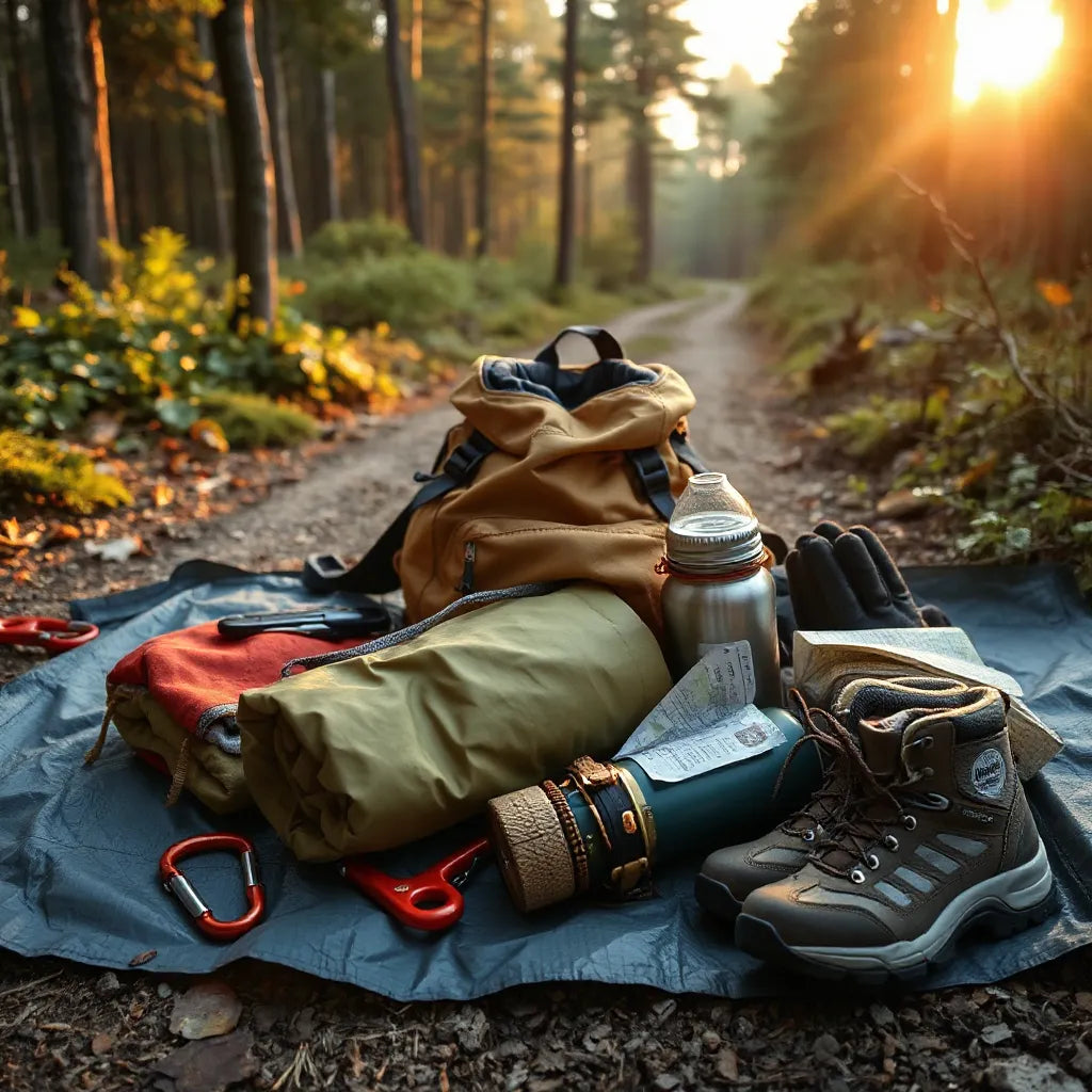 Organized hiking and camping gear laid out on a tarp in a forest clearing