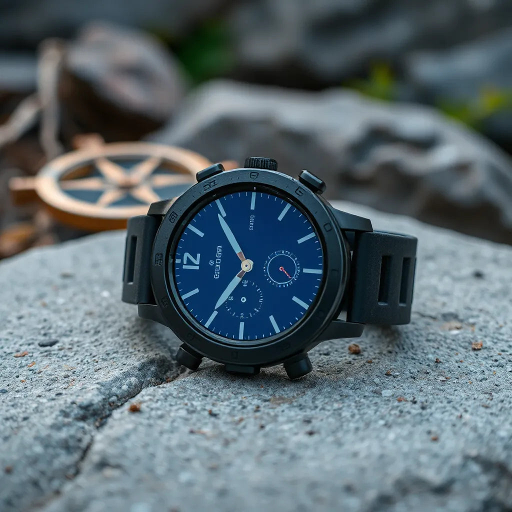Rugged smartwatch with a bright display resting on outdoor stone with subtle trail background