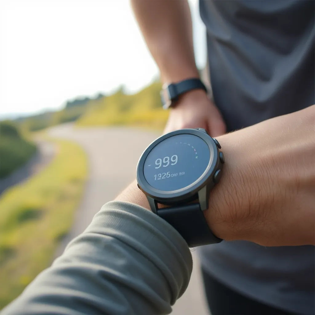 Sports smartwatch on a runner’s wrist outdoors with a minimal fitness display and blurred trail background