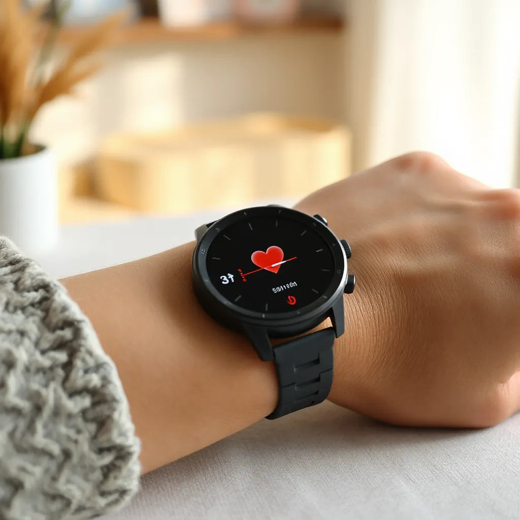 Health monitoring smartwatch on a wrist with subtle heart-rate style display, clean modern design, neutral blurred background