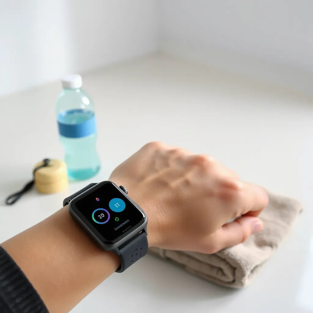 Fitness tracking smartwatch on a wrist with heart-rate and activity style interface elements