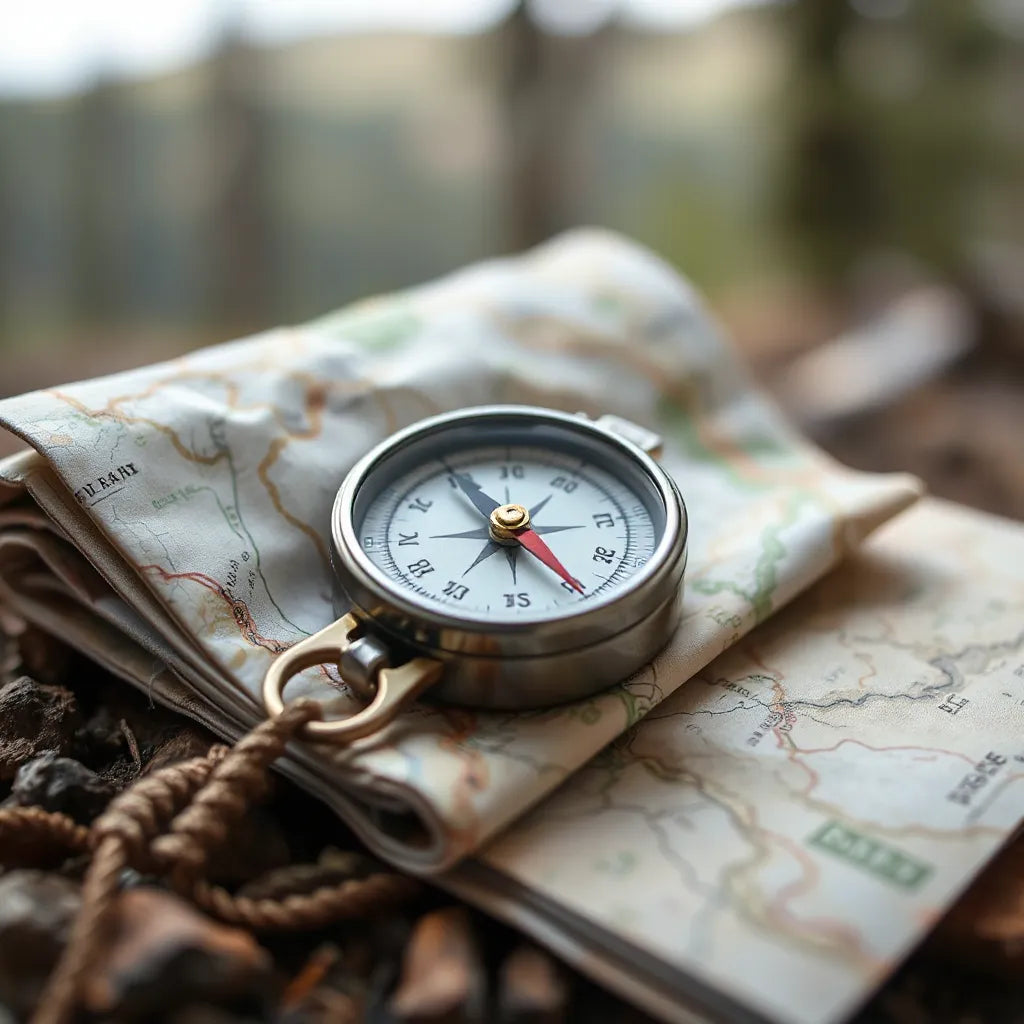 Compass on a topographic map outdoors with a visible needle and route details