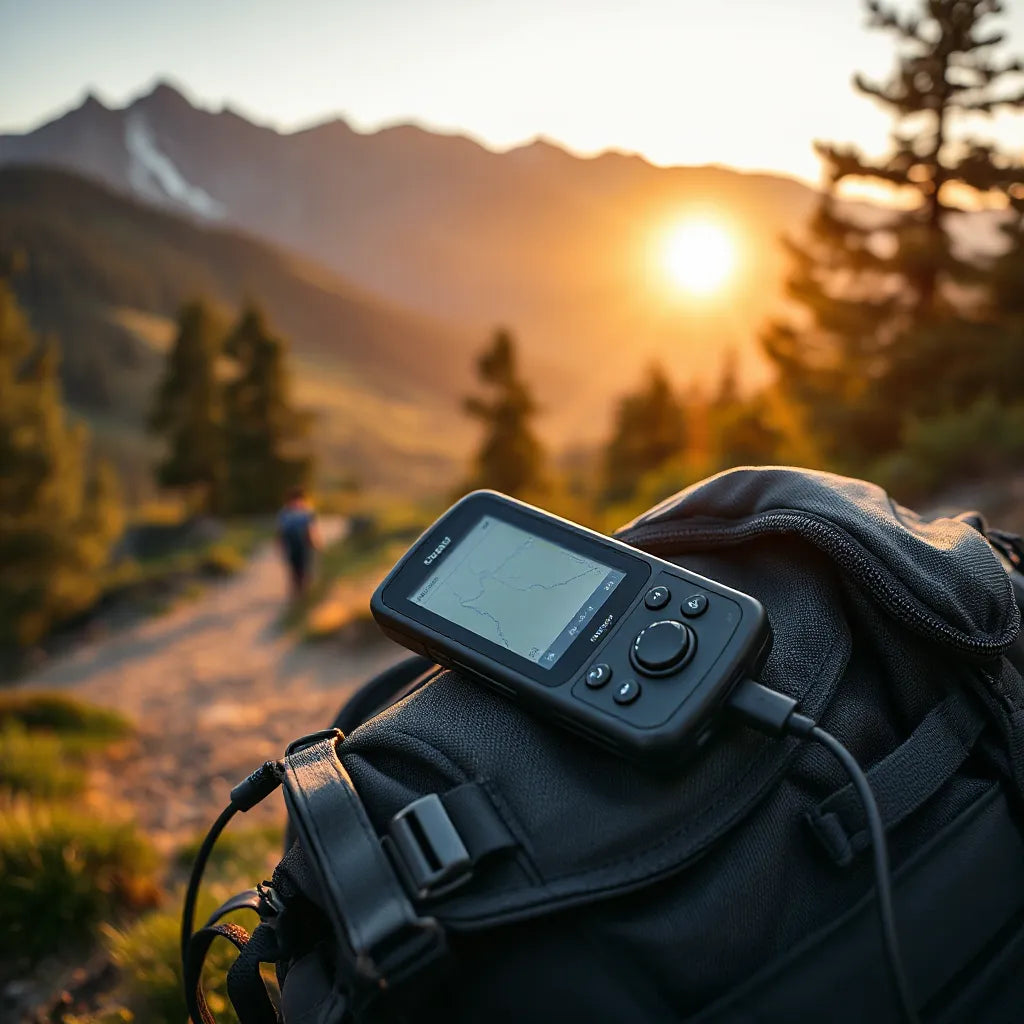 Rugged handheld GPS device on a hiking backpack near a trail with mountains in the background