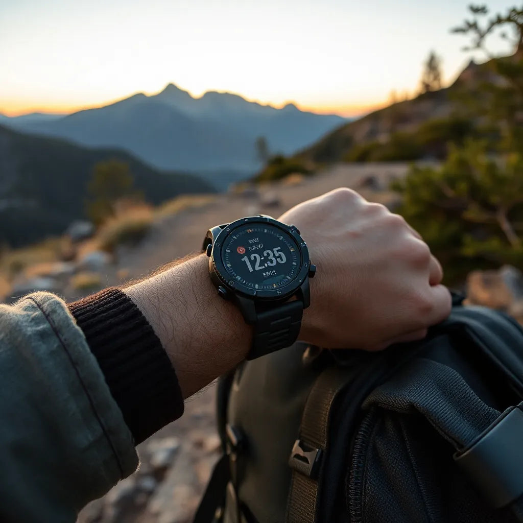 Rugged T-Rex3 Ultra smartwatch on a wrist with an outdoor hiking trail and mountains in the background