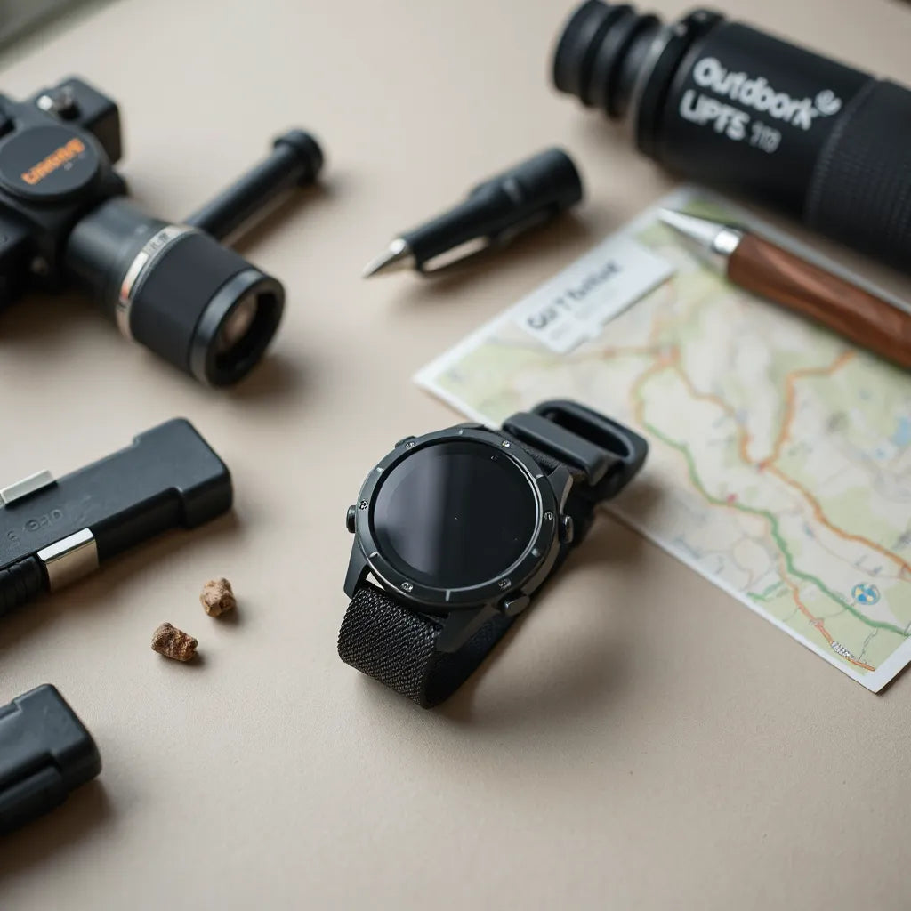 Rugged smartwatch on a dark band with a trail map and outdoor accessories nearby