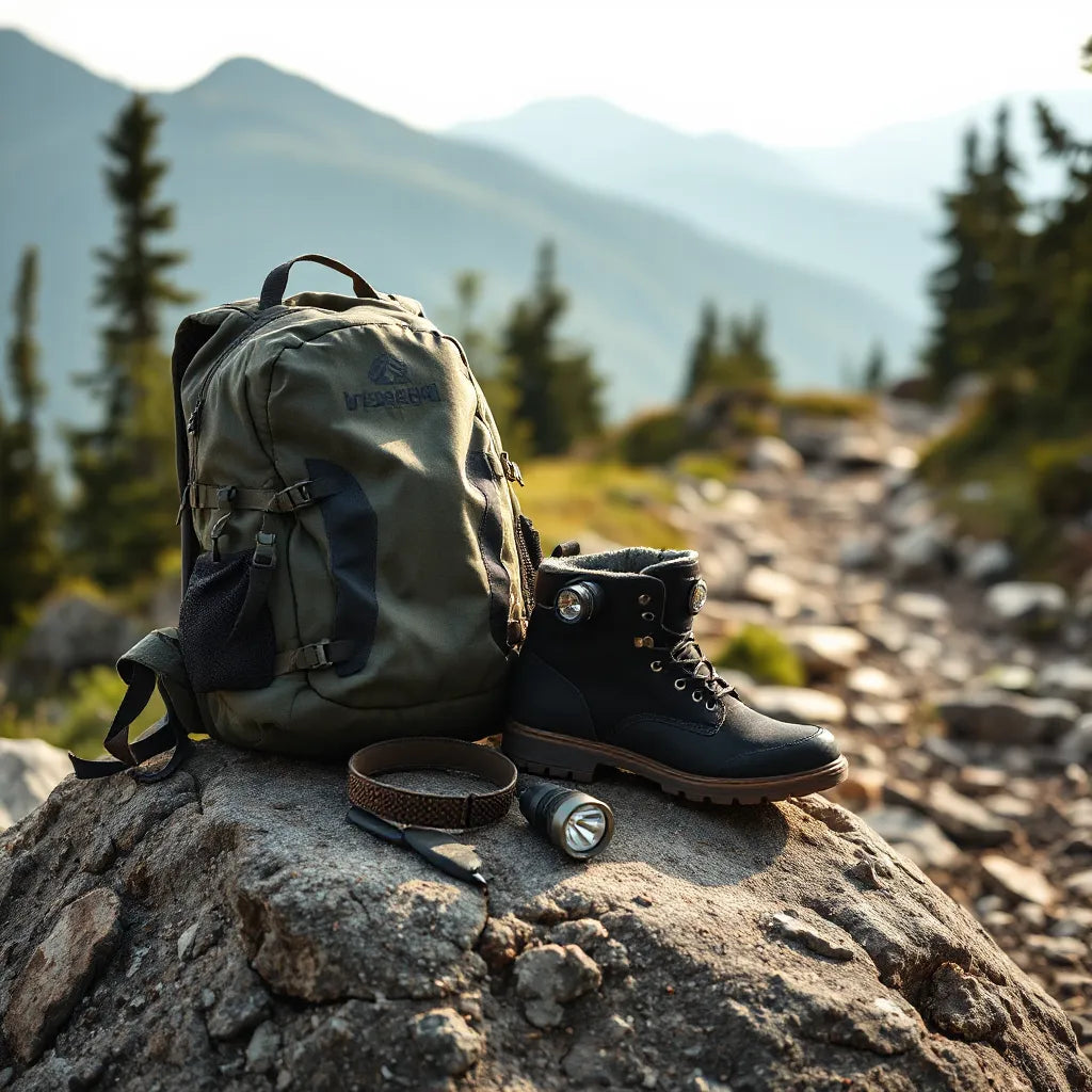 Rugged hiking boots, backpack, and jacket laid on a rock beside a forest trail