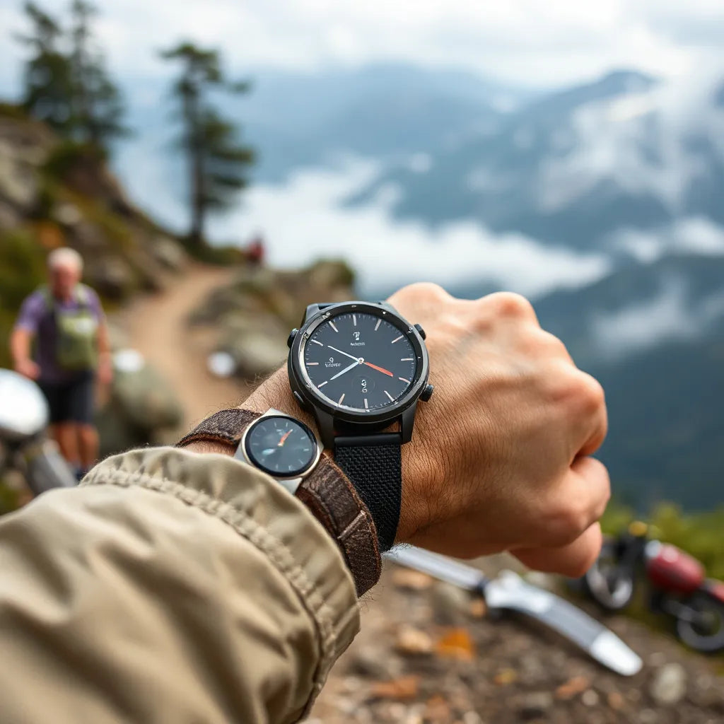 Rugged outdoor smartwatch on a wrist with a blurred mountain trail backdrop