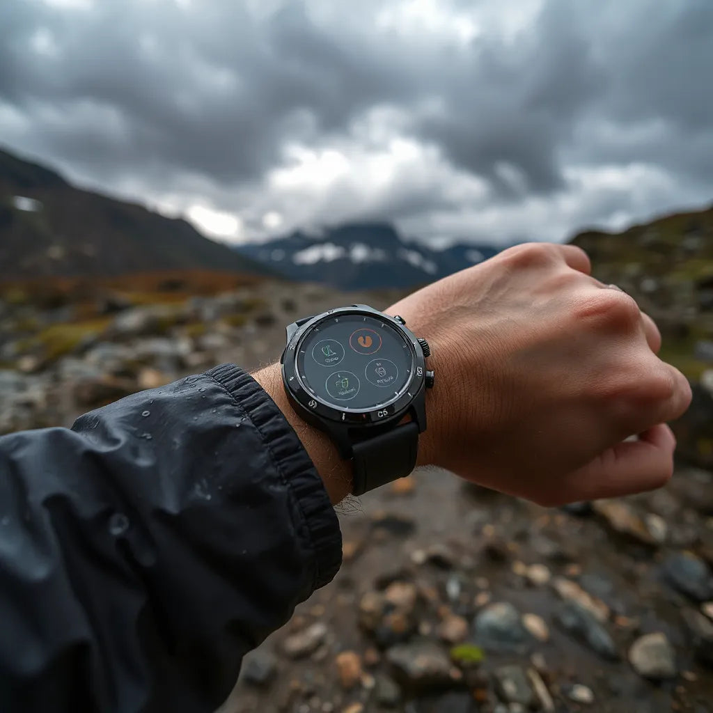 Rugged smartwatch on a wrist outdoors in rain with clouds overhead and visible wet texture