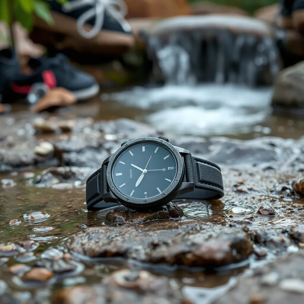 Sleek smartwatch with water droplets on its case and strap beside shallow water and wet outdoor ground